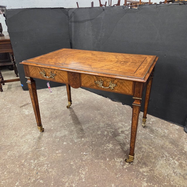 Mid 19th Century Regency Walnut & Rosewood Inlaid Table W/2 Drawers, Brass Beading, Ornate Handles, on Square Tapered Legs on Brass Casters For Sale - Image 14 of 15