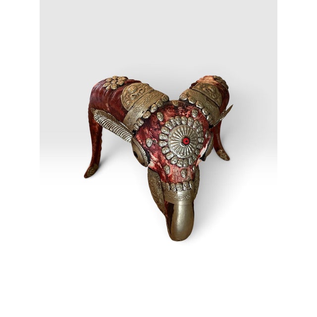 1970s Vintage Tibetan Kapala-Style Decorated Ram Skull With Repoussé Metal & Skull Motifs For Sale - Image 5 of 11
