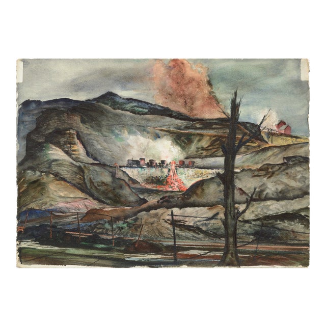 Joseph Yeager "Nocturnal Industrial Landscape" Impressionist Watercolor Circa 1940s-1950s For Sale