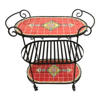 Mid-Century Modern Wrought Iron and Tile Serving Cart For Sale