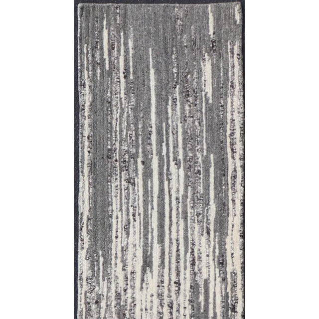 Modern Runner With Vertical Linear Design in Charcoal Grey and Ivory 2'2 X 14'1 For Sale - Image 10 of 12