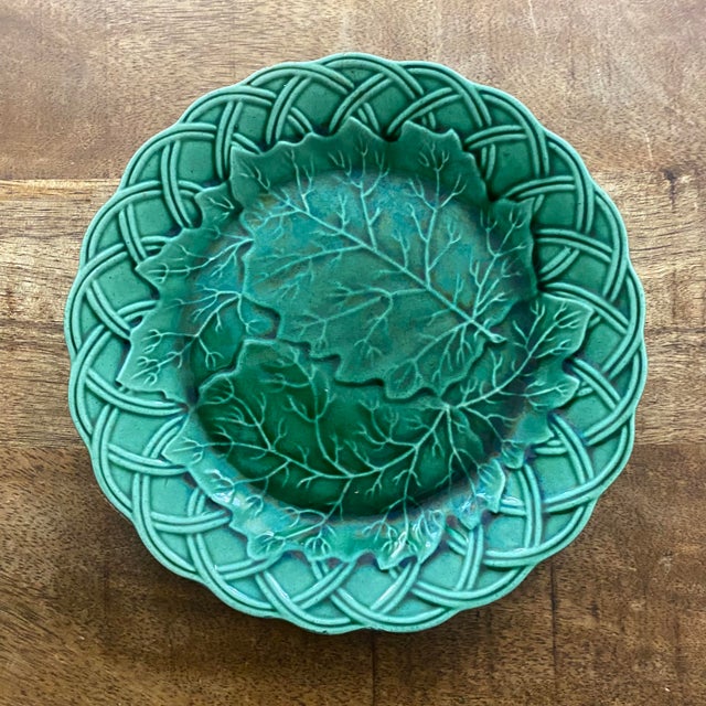 Antique Majolica Green Leaf Plate With Basket Weave Border Chairish