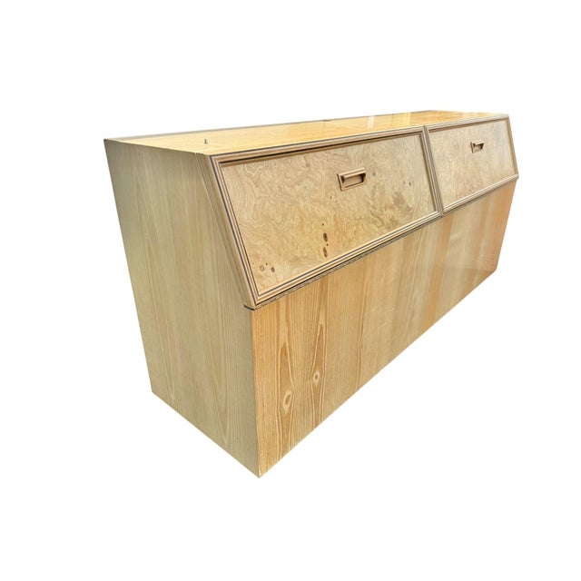 Elevate your bedroom with this vintage 1980s Henredon Scene Two queen-size headboard, a sophisticated blend of postmodern...
