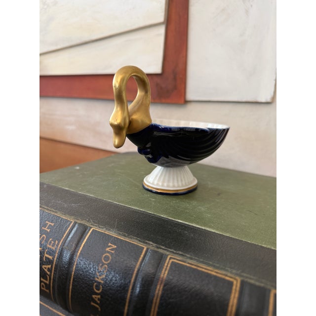 Blue Vintage Italian Cobalt Blue Swan Shell Dish | Gold Gilt Porcelain Vanity Trinket Bowl | Bassano Italy 1960s–70s For Sale - Image 8 of 12
