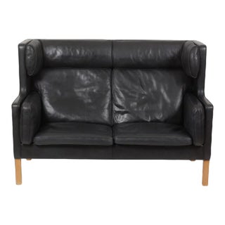 2-Seater Sofa in Black Leather with Oak Legs by Børge Mogensen for Fredericia For Sale