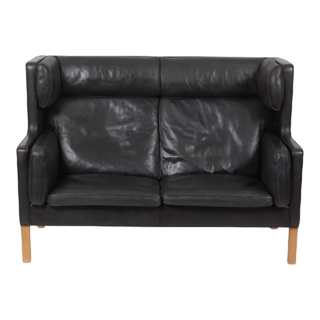 2-Seater Sofa in Black Leather with Oak Legs by Børge Mogensen for Fredericia For Sale