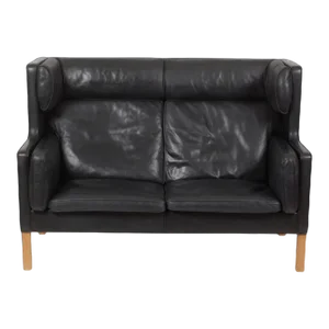 2-Seater Sofa with Original Patinated Black Leather and Oak Wood Legs by Børge Mogensen for Fredericia