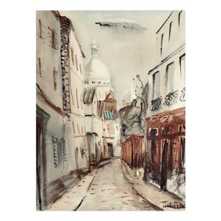 Luigi Corbellini, Rue Norvin et vue sur la Basilique du Sacré Coeur, Montmartre, Watercolor on Paper, Framed For Sale