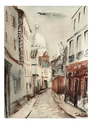 Luigi Corbellini, Rue Norvin et vue sur la Basilique du Sacré Coeur, Montmartre, Watercolor on Paper, Framed
