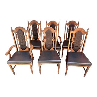 1960s Spanish Revival Solid Pecan Wood and Black Vinyl Dining Chairs - Set of 6 For Sale