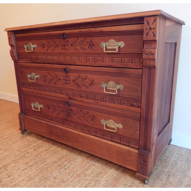 Meticulously hand-restored 1870's Eastlake dresser. Truly a one of a kind statement piece, sanded down to natural raw...