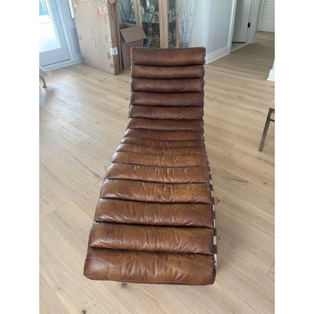 Modern Restoration Hardware Brown Italian Leather Chaise Lounge Chair on Polished Steel Frame For Sale - Image 3 of 3