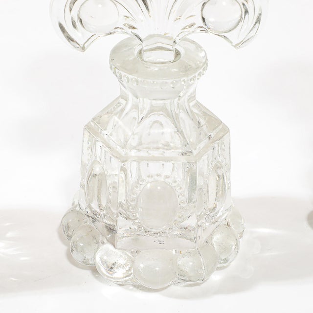 1930s 3 Art Deco Pressed Glass Scalloped Stoppers & Hobnob Detailing Perfume Holders For Sale - Image 5 of 12