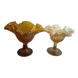 1950s Fenton Amber Hobnail Ruffled Edge Pedestal Compotes- Set of 2