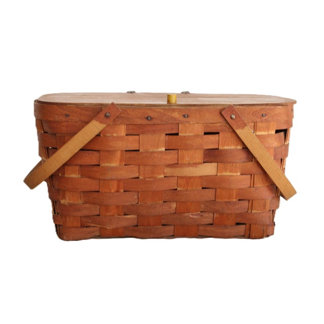 Antique French splint picnic basket with handles. Perfectly sized to accommodate your favorite vino and snacks for a...