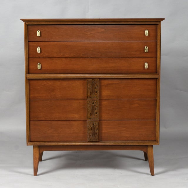 Mid-Century Modern Bassett Aztec Mid-Century Modern Highboy Dresser Mayan Walnut For Sale - Image 3 of 13