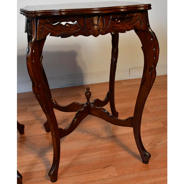 1930s French Walnut & Satinwood Inlay Pair of Side Tables / End Tables For Sale - Image 10 of 11