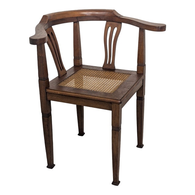 Art Nouveau Corner Oak Armchair with Raffia, 1920s For Sale
