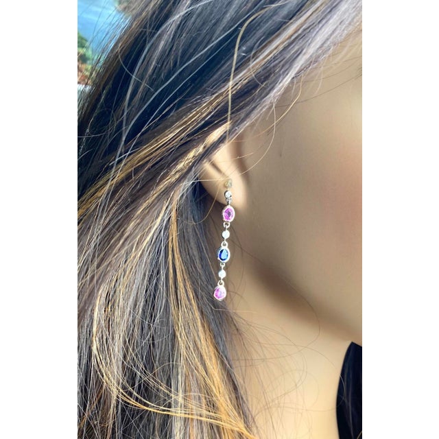 14k White Gold Ceylon Sapphire and Diamond Long Drop Earrings, 1.75", Pair For Sale - Image 4 of 8