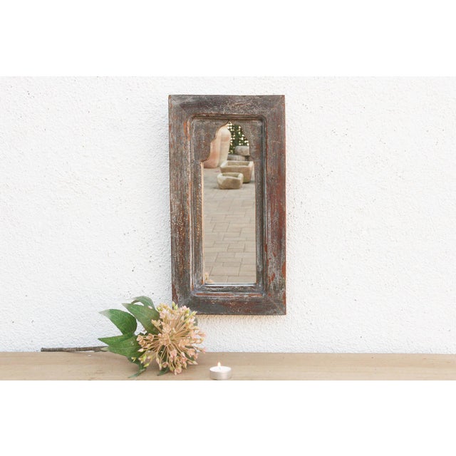 Wood Weathered Stone Charcoal Indian Arched Mirror For Sale - Image 7 of 7