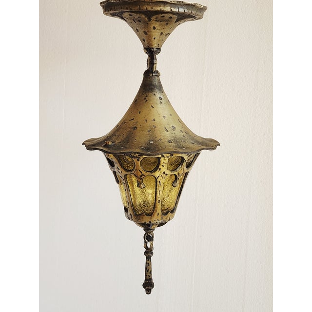 Gothic Antique 1920's Lincoln Lighting Pendant Light With Amber Art Glass For Sale - Image 3 of 11