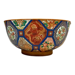 Large Scale Chinese Export Style Blue & Orange Center Table Bowl W/ Dragons