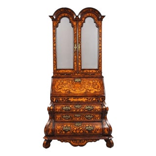 Antique Dutch Marquetry Bureau Bookcase, 1920 For Sale