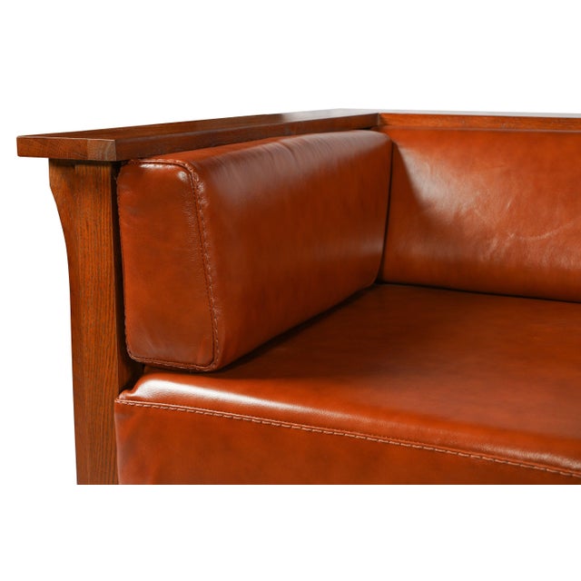 Craftsman Cubic Panel Side Love Seat - Russet Brown Leather For Sale - Image 4 of 4