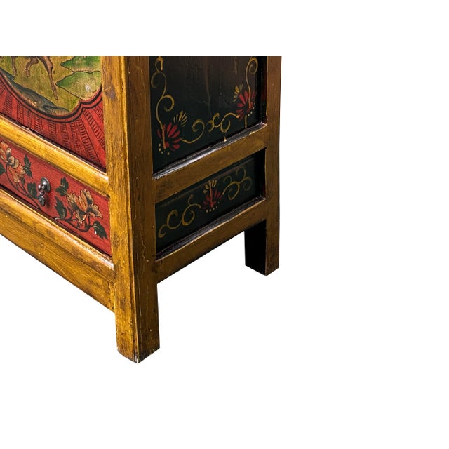 Brick Red Multi-Color Tibetan Horses Deer Motif Credenza Table Cabinet For Sale - Image 8 of 10