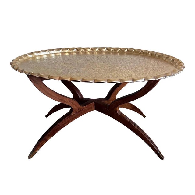 Vintage Moroccan Brass Tray Top Table With Folding Spider-Leg Base For Sale In Portland, ME - Image 6 of 10