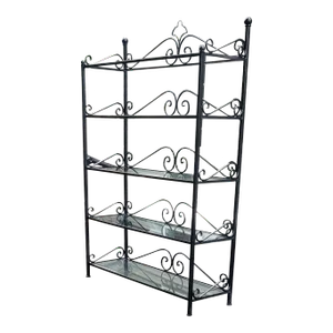 1940s Vintage Solid Wrought Iron Black Bakers Rack with Glass Shelves