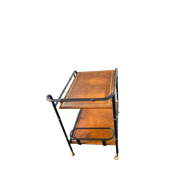 Mid-Century Modern Vintage Stitched Leather Bar Cart by Jacques Adnet, 1950s For Sale - Image 3 of 13
