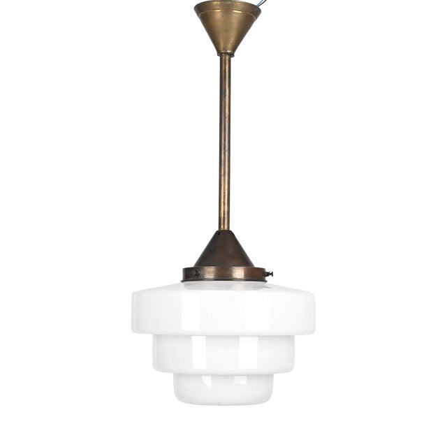 Art Deco Cascade Pendant Light in Brass and Opaline Glass, 1930s For Sale