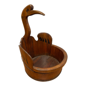 Antique Chinese Carved Wood Crane Basket | Southern China Folk Art Laundry Basket | Rustic Farmhouse Storage