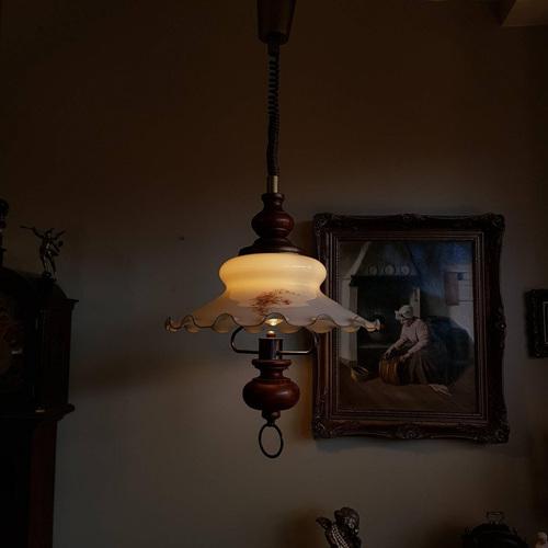 Special Pendant Light Lamp with Wood Handle & Opaline Glass For Sale - Image 5 of 11