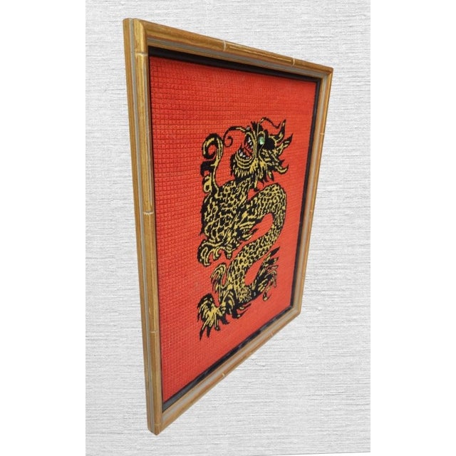 Chinoiserie Vintage Handmade Red Black Chinese Dragon Needlepoint Framed Bamboo Wall Art For Sale - Image 3 of 6