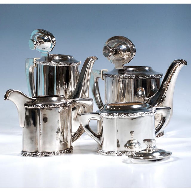 Cream Art Nouveau Silver Coffee & Tea Set on Tray, 1890s, Set of 5 For Sale - Image 8 of 14