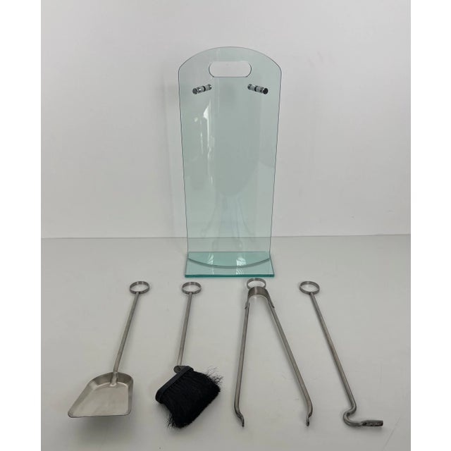 Am Designs Tempered Glass and Brass Fireplace Stand With Brushed Aluminum Tools For Sale - Image 4 of 12