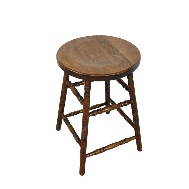 Farmhouse Antique Country Round Wooden Stool With Turned Legs and Stretchers For Sale - Image 3 of 18