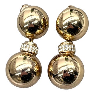 Vintage Double-Ball Ear Clips in Gold & Crystals from Christian Dior, 1980s, Set of 2 For Sale