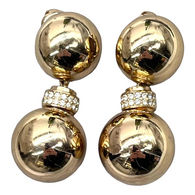 Vintage Double-Ball Ear Clips in Gold & Crystals from Christian Dior, 1980s, Set of 2 For Sale