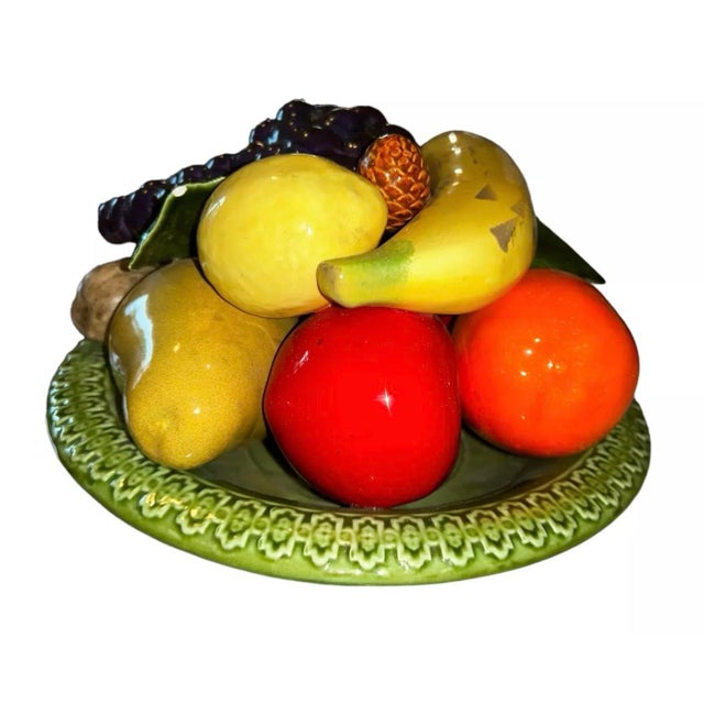 Majolica Ceramic Fruit Bowl Basket Centerpiece Sculpture Pottery. Vibrant Apples, Grapes, Orange, Banana , Pear, Walnut &...