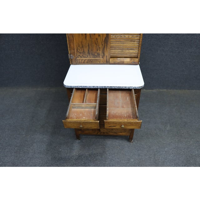 Rare Salesman Sample Style Hoosier Cabinet in Oak With Enamel Work Surface For Sale - Image 10 of 15