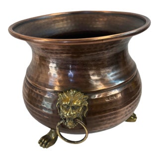 Vintage Hammered Copper Planter With Lion Masks For Sale