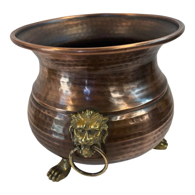 Vintage Hammered Copper Planter With Lion Masks For Sale