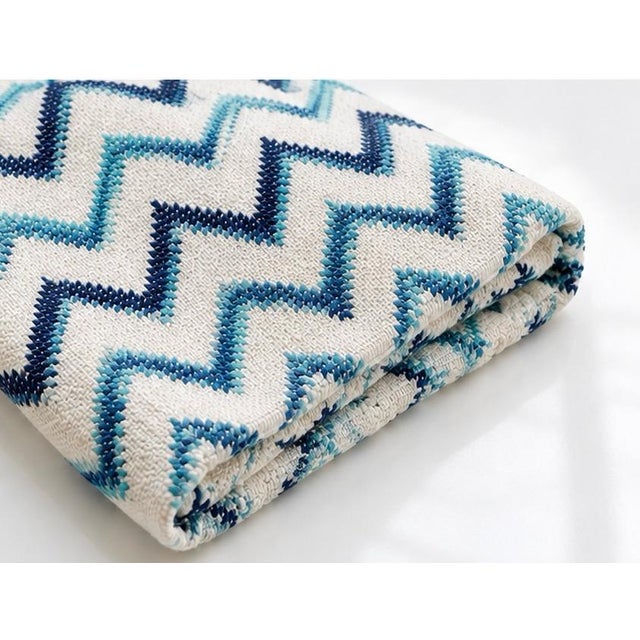 Vintage cotton & acrylic blanket | 72” x 42” Blue and white zigzag pattern with a soft, dimensional texture. Graphic,...