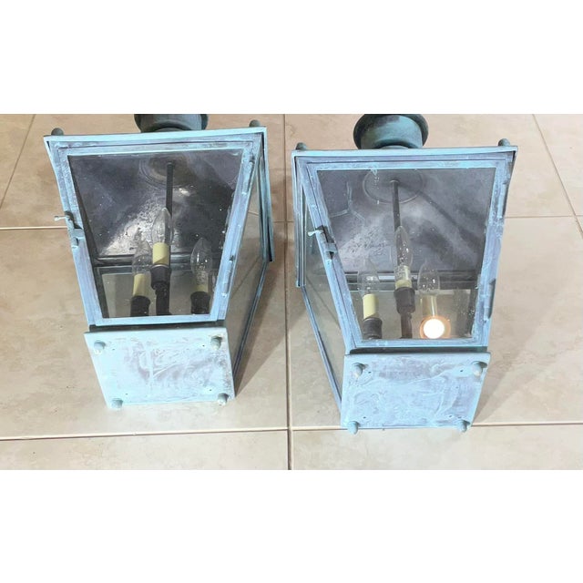 Large Pair of Vintage Solid Brass Wall Lanterns - 12”x 12”x 24” For Sale - Image 10 of 15