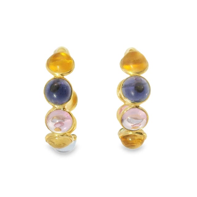 Contemporary 18K Yellow Gold Cabochon Citrine Topaz Rose Quartz Hoop Earrings Estate For Sale - Image 3 of 3