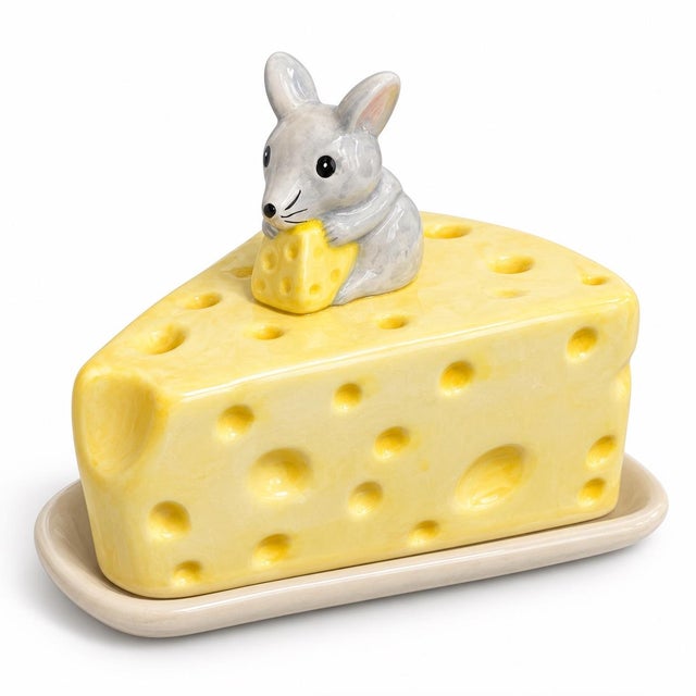 Adorable vintage ceramic covered cheese dish featuring a whimsical wedge of yellow cheese topped with a charming gray...
