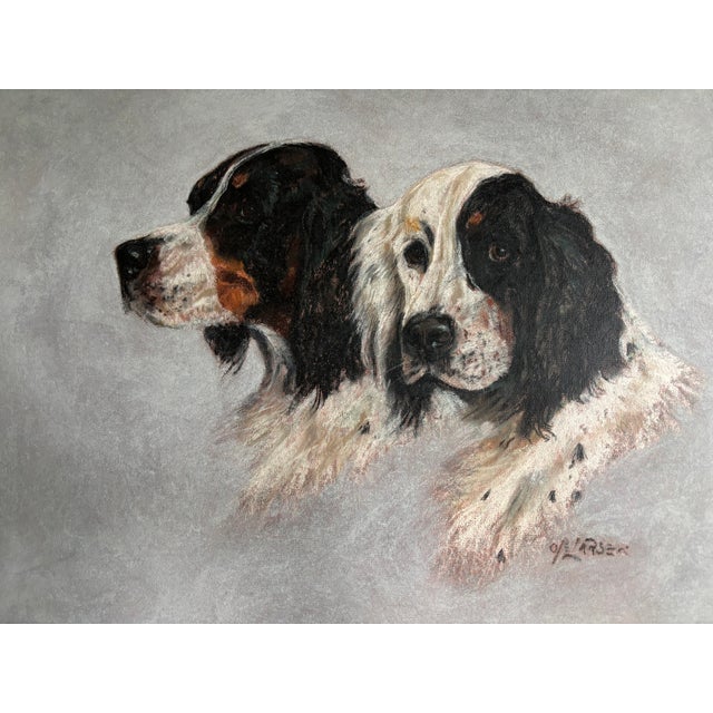 A captivating pastel portrait of two English Setters by artist Ole Larsen, in a gold wash frame. The faces, eyes and color...